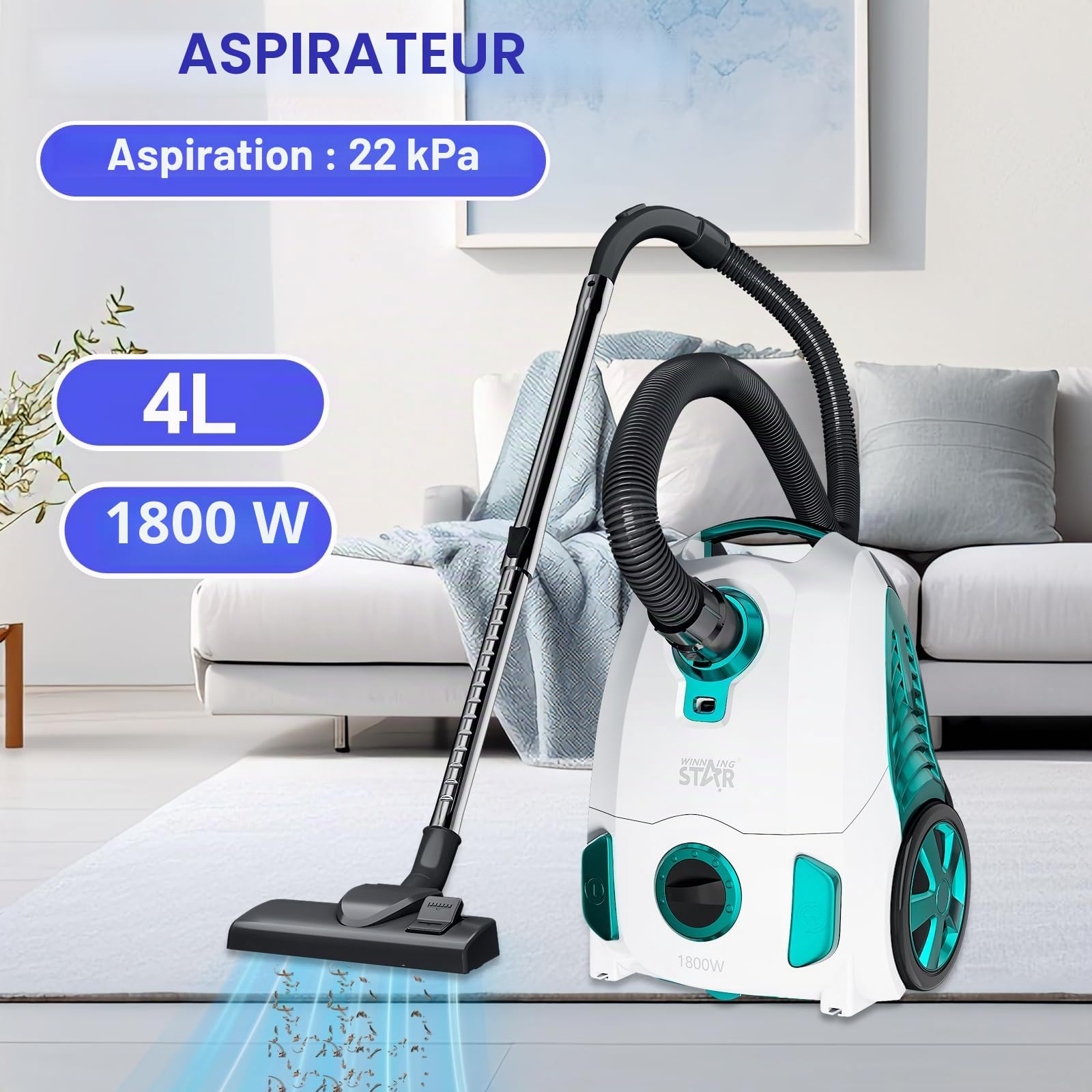 Aspirateur sans sac 1800 W avec filtre HEPA, aspirateur traîneau contrôlable à pied 22 kPa avec câble de 5 m, sans sac à poussière de 4 l, idéal pour les poils d'animaux, brosse de sol pour