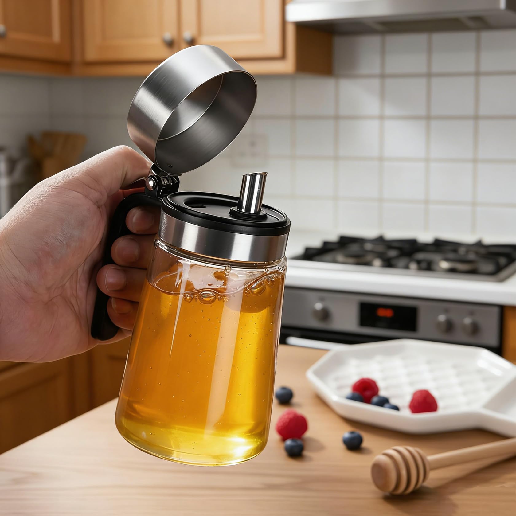Honigspender 14 oz / 400 ml Glas, 2er Pack Syrup Dispenser, No-Drip Honigglas für Küche, Kaffee Bar und Teestation, Küchenzubehör für Honig, Zucker, Sirup