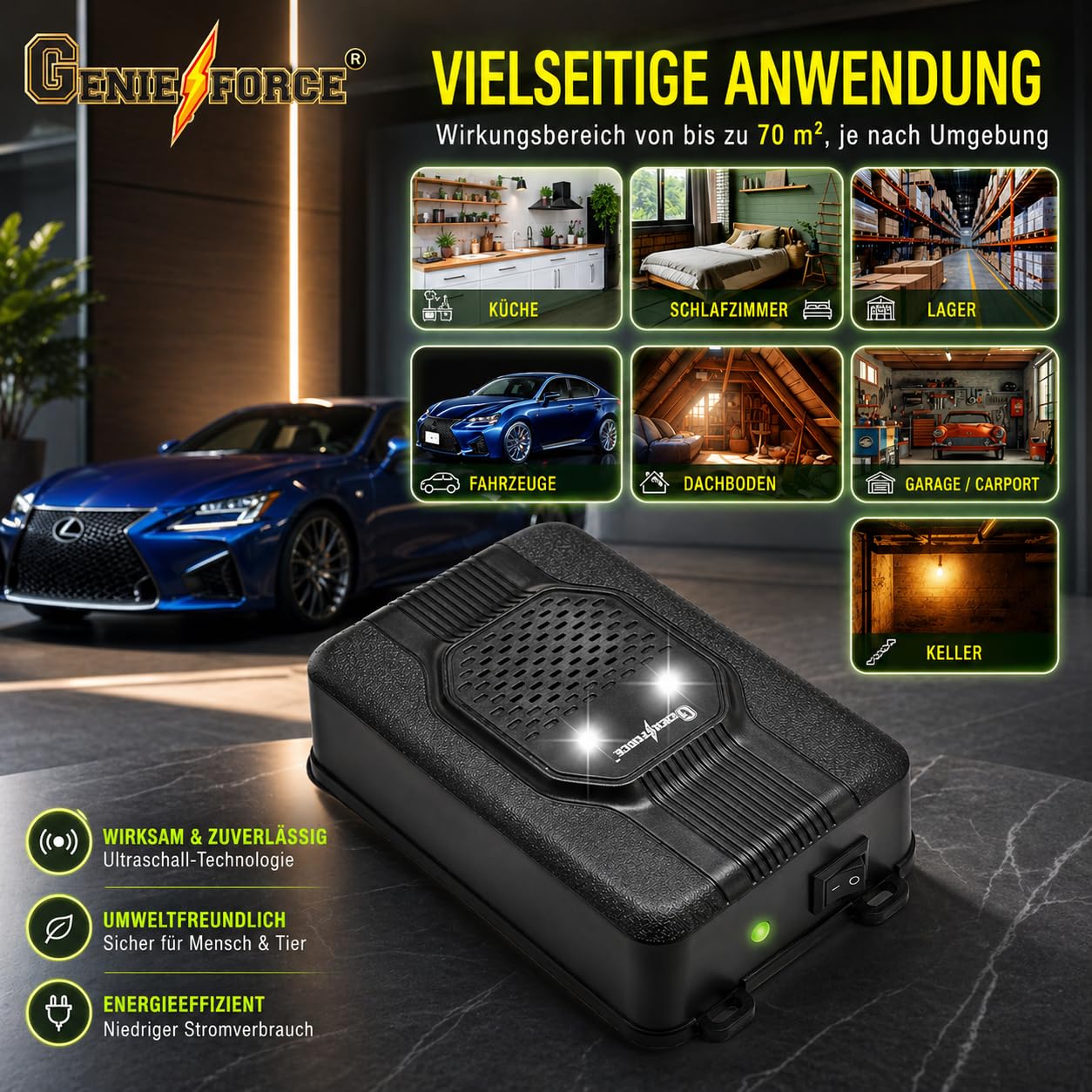 2 x Genieforce® Marder Combat+ Marderschutz, Marderschreck Ultraschall, Marderabwehr, Mäuseabwehr für Autos, Haus, und Garten, Anschluss an 12V Autobatterie, USB oder Batteriebetrieb - GF-JC-77