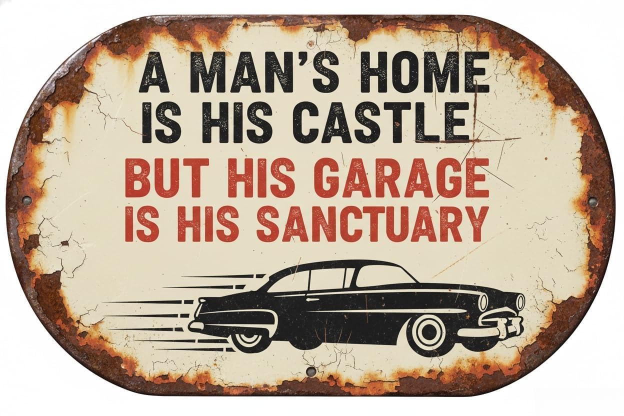 Vintage Metal Tin Sign for Garage Accessories Men Funny Wall Decor Garage Wall Decor A 's Home Is His Castle But His Garage Is His Sanctuary 12x8 In Private Property Decorative