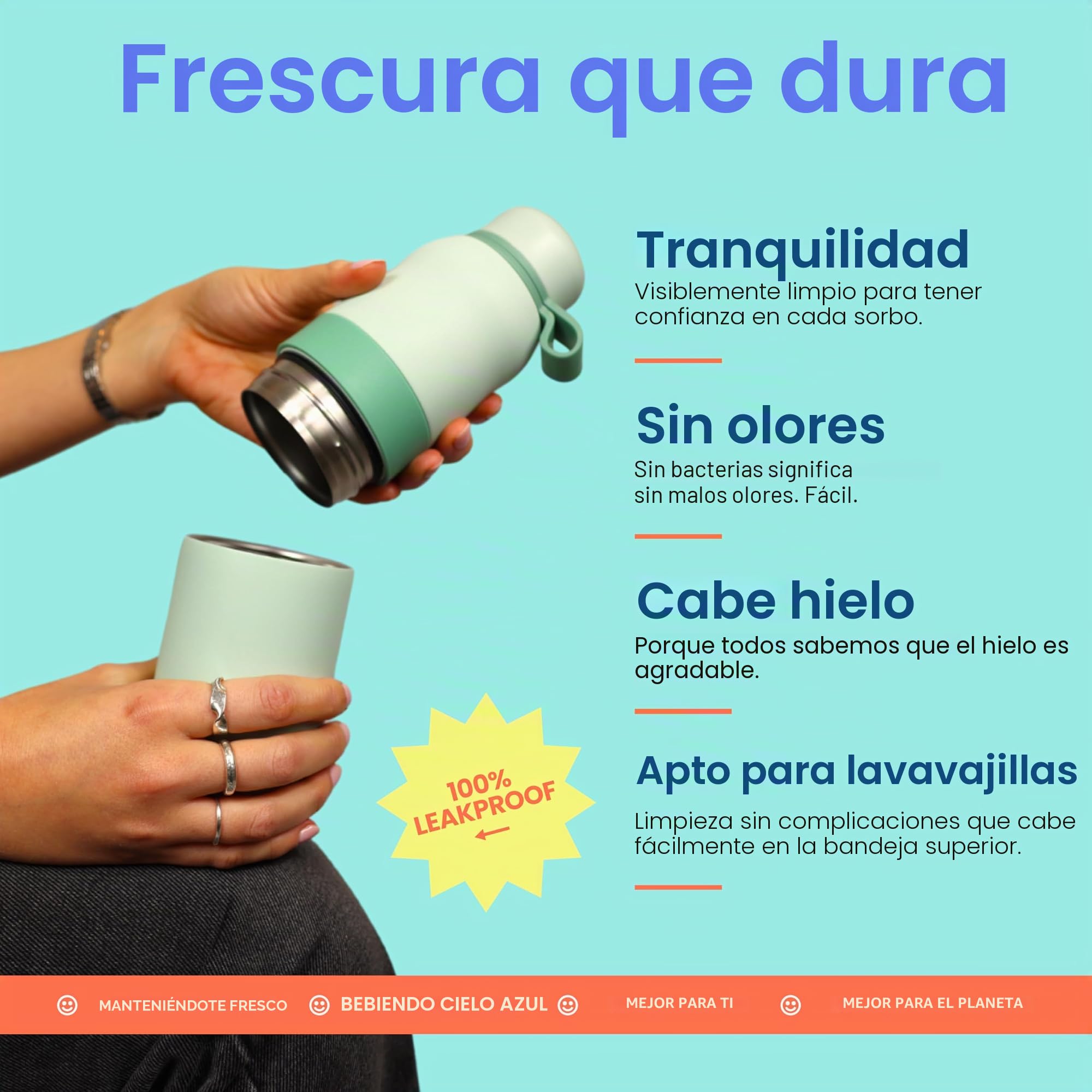 Botella de agua reutilizable aislada fácil de limpiar, ecológica, sin olor y sabor fresco, Seamint - 550 ml