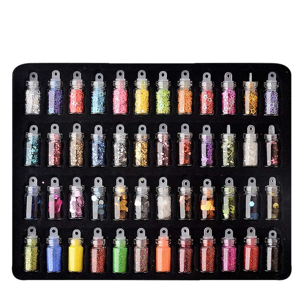 Belicia 48 Boxes Holographic Chunky Glitter Sequins, Iridescent Glitter Flakes for Nail Art,Eyeshadow,Cosmetic,Makeup. Body Face Glitter for Festival, Halloween