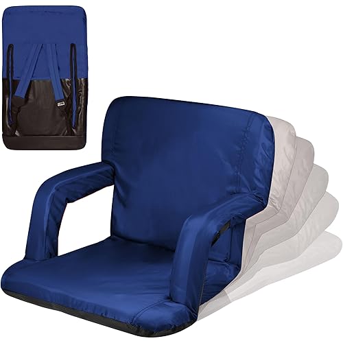 PICNIC TIME Ventura Portable Reclining Stadium Seat with Back Support, Folding Bleacher Chairs with Back and Cushion, Thick Padded Stadium Seat and Armrest, Include Six Backrest Positions, (Navy Blue)