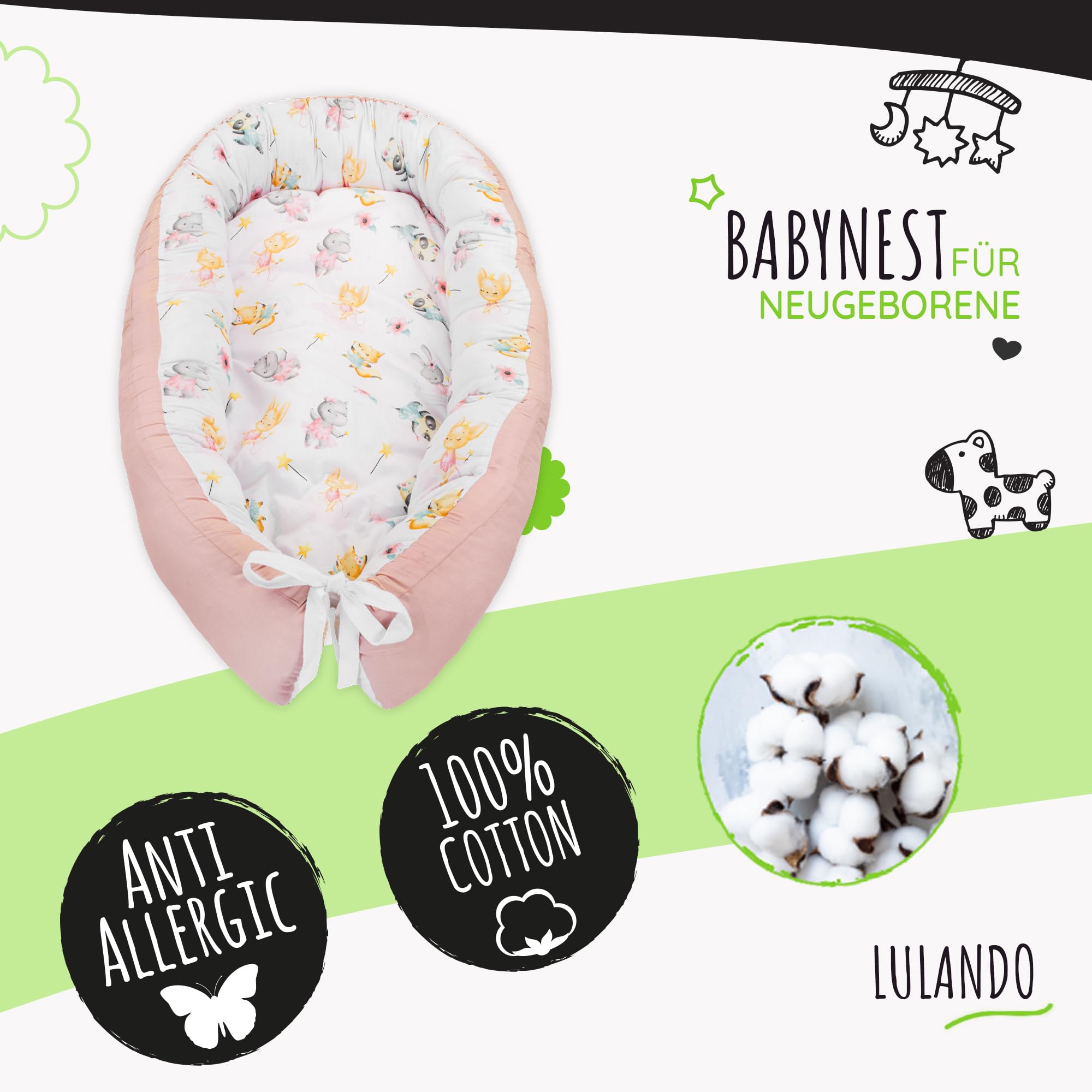 LULANDO® Nido de bebé - Estándar 100 de Oeko-Tex - nido de envoltura multifuncional para bebés y recién nacidos - Nestchen - cuna de viaje - 100% algodón - antialérgico - fabricado en la UE