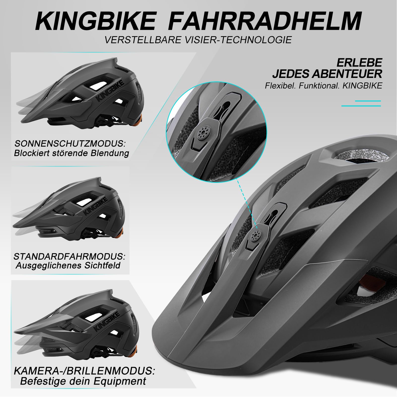 KINGBIKE Casco da mountain bike professionale con visiera regolabile a 3 livelli e supporto per action camera, casco da bicicletta MTB per adulti uomo donna NTA-8776 certificato di sicurezza e-bike