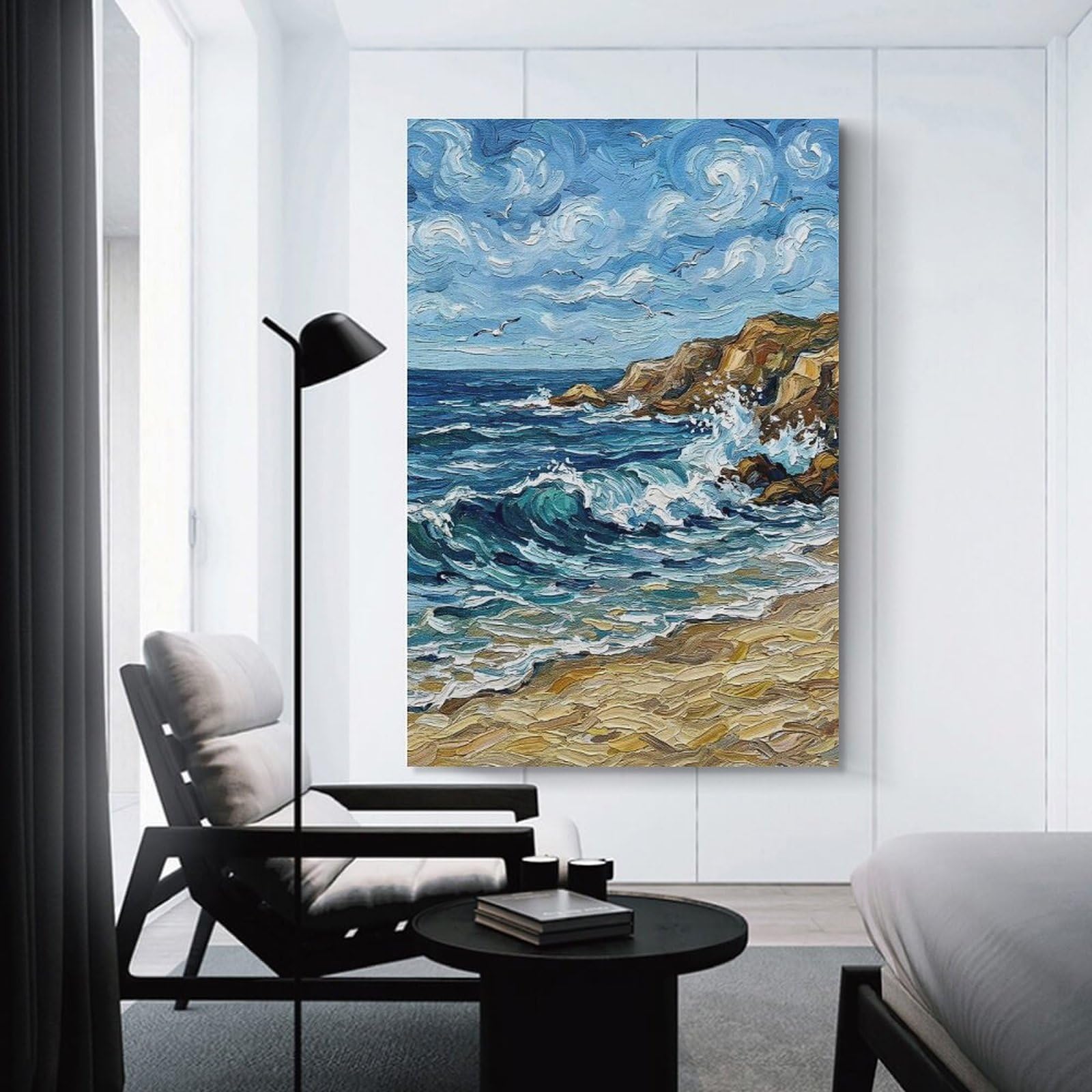 Junmoney Room Decor Wall Art Impressionistic Seascape with Cliffs And Birds, 24x36inch(60x90cm), for Home Office, Desk Area Or Studio, An Interior Accent for Desk Areas