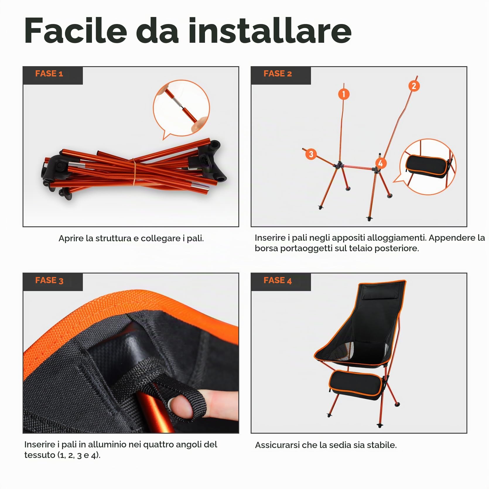 SOPPY Confezione da 2 sedie da campeggio pieghevoli con schienale alto, portatili e leggere, con tasca laterale e borsa per il trasporto, per escursioni, viaggi, picnic, pesca, arancione
