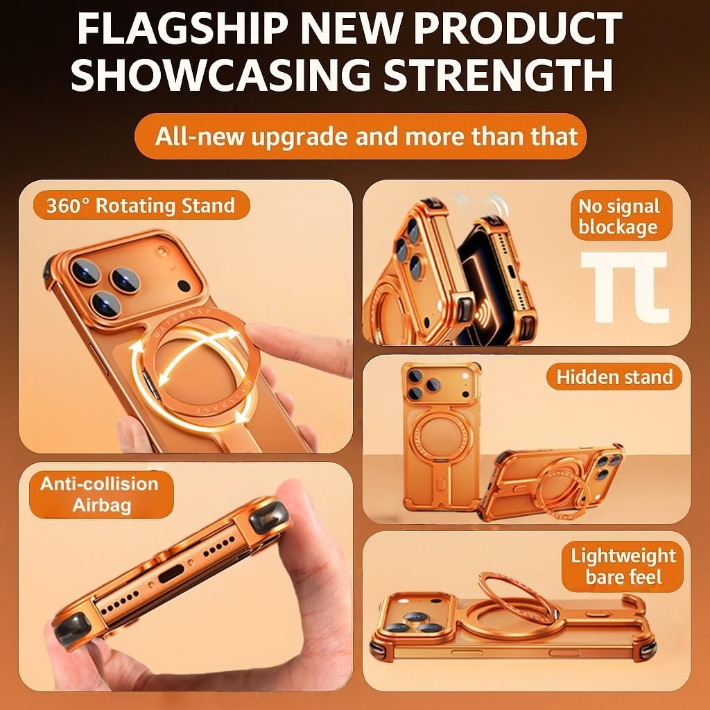 Case for iPhone 17 Pro / 17 Pro Max, Ultra-Thin Metal Skeleton Frame with 360° Rotating Ring Stand, Shockproof Aluminum Alloy Bumper, Heat Dissipation Borderless Design(Titanium,17 Pro)
