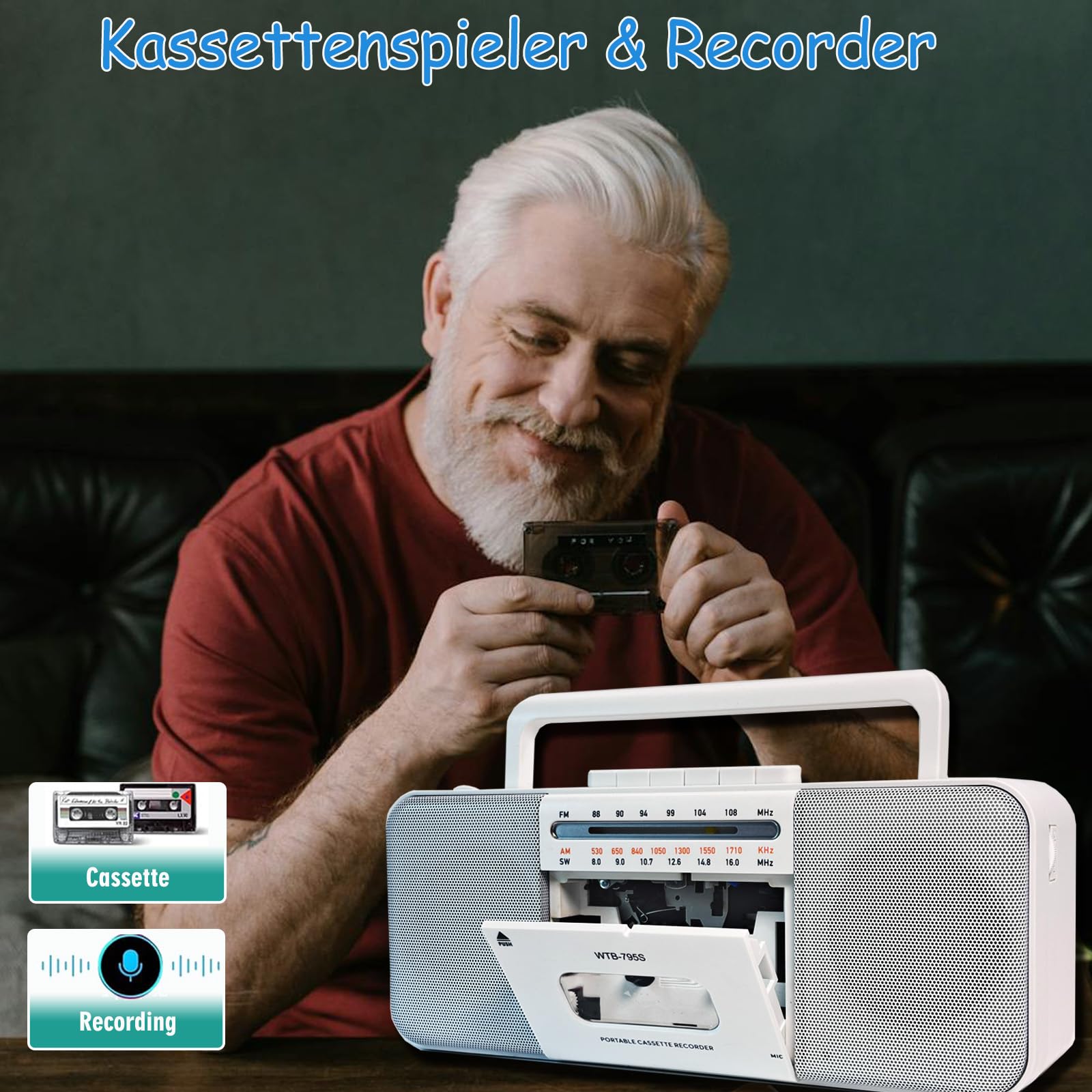 Lecteur cassette Boomboxe Bluetooth, enregistreur AM/FM/W, convertisseur cassette MP3, haut-parleur 10"