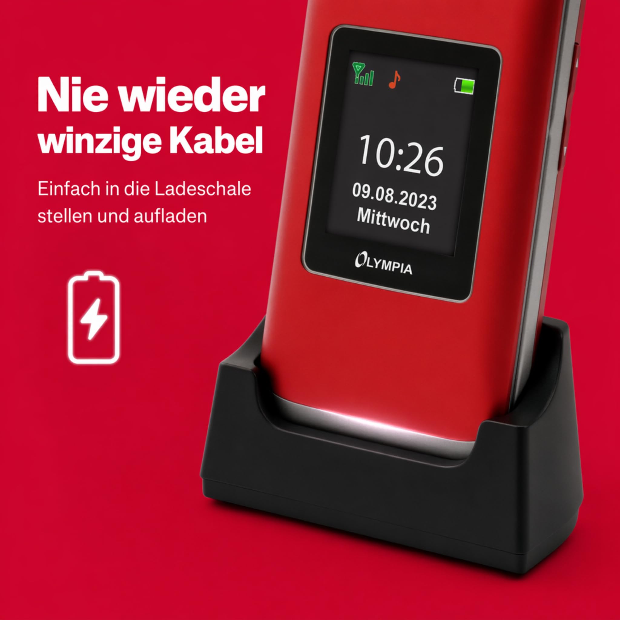 Olympia Vitus 4G Seniorenhandy | Klappbar mit Großtasten | Hörgerätekompatibel | Handy für Senioren | Notruftaste & SOS-Funktion | Farbdisplay | Kamera | Taschenlampe | Langlebiger Akku | Rot