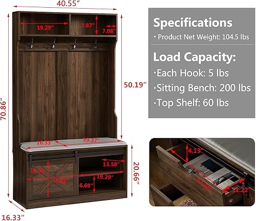 Miniatura 4 de Betoko Árboles de pasillo con banco y percheros, banco de entrada de 71 pulgadas con puerta corrediza de granero, banco de almacenamiento de madera