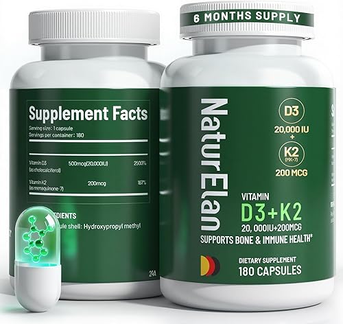 Suplemento de vitamina D3 K2 - 20,000 UI D3 + 200 mcg K2 (MK-7), 180 cápsulas, suplemento de vitamina K2 D3 para huesos, inmune, corazón y dientes,