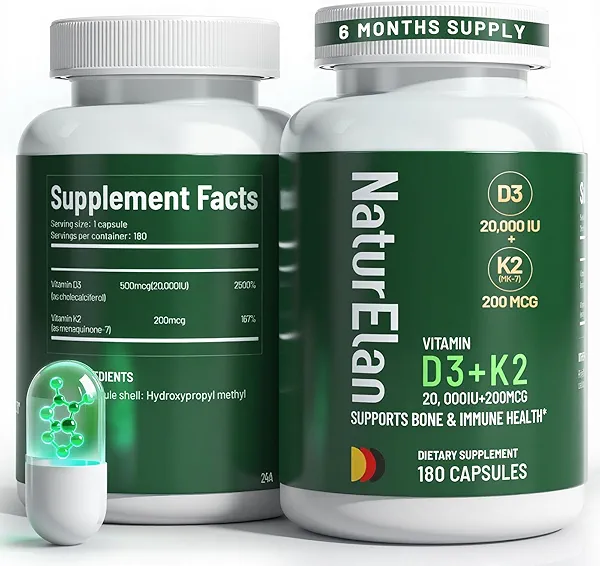 Vitamin D3 K2 - 20,000 IU D3 + 200mcg K2(MK-7), 180 Capsules, Supports Bone, Immune, Heart & Teeth Health, Third-Party Tested, Vegan, Non-GMO, Gluten Free K2 D3 Vitamin Supplement for Men & Women