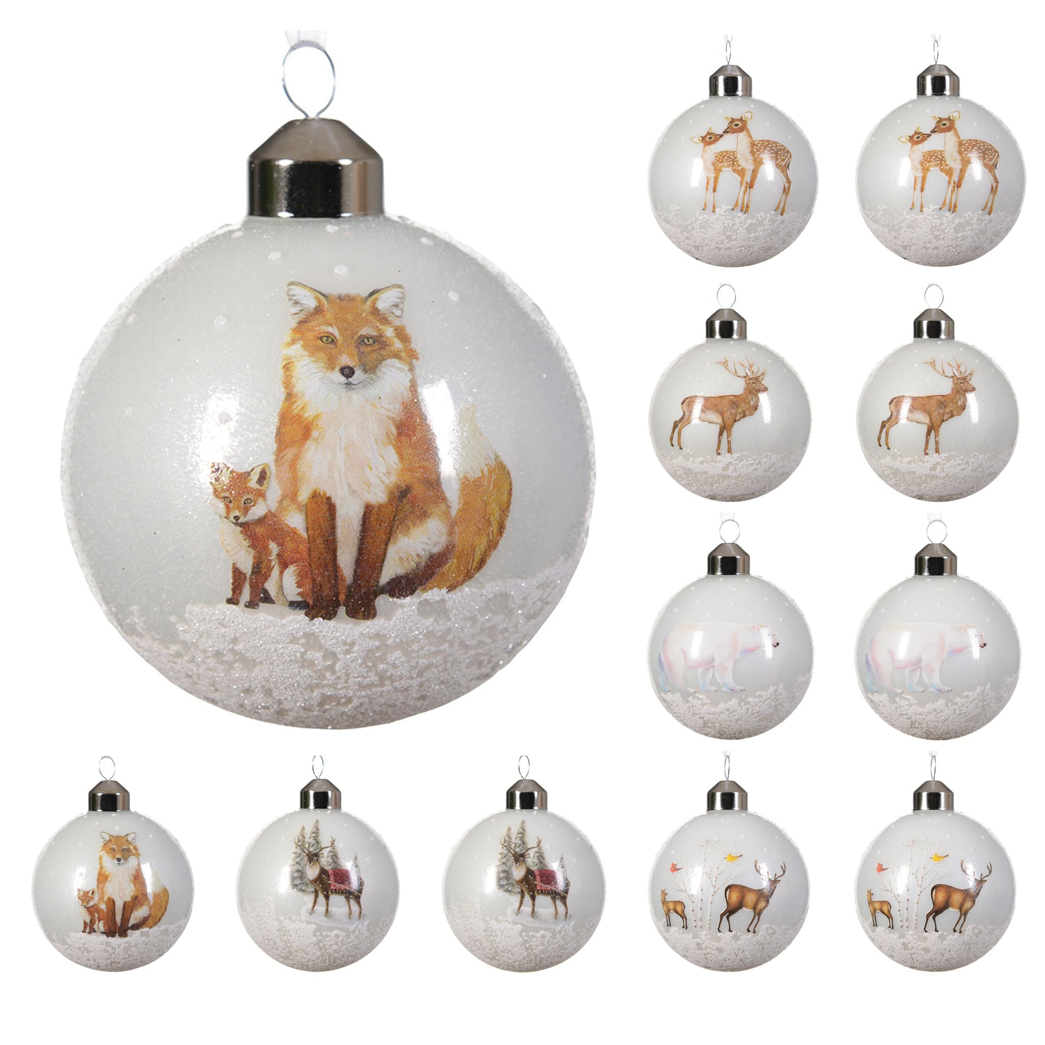 Kaemingk Weihnachtskugeln Glas 8cm x 12 Stück mit Tier Motiv Christbaumkugeln Weihnachtsbaumkugeln für Weihnachten - Christbaumschmuck & Weihnachtsbaumschmuck - Weiß