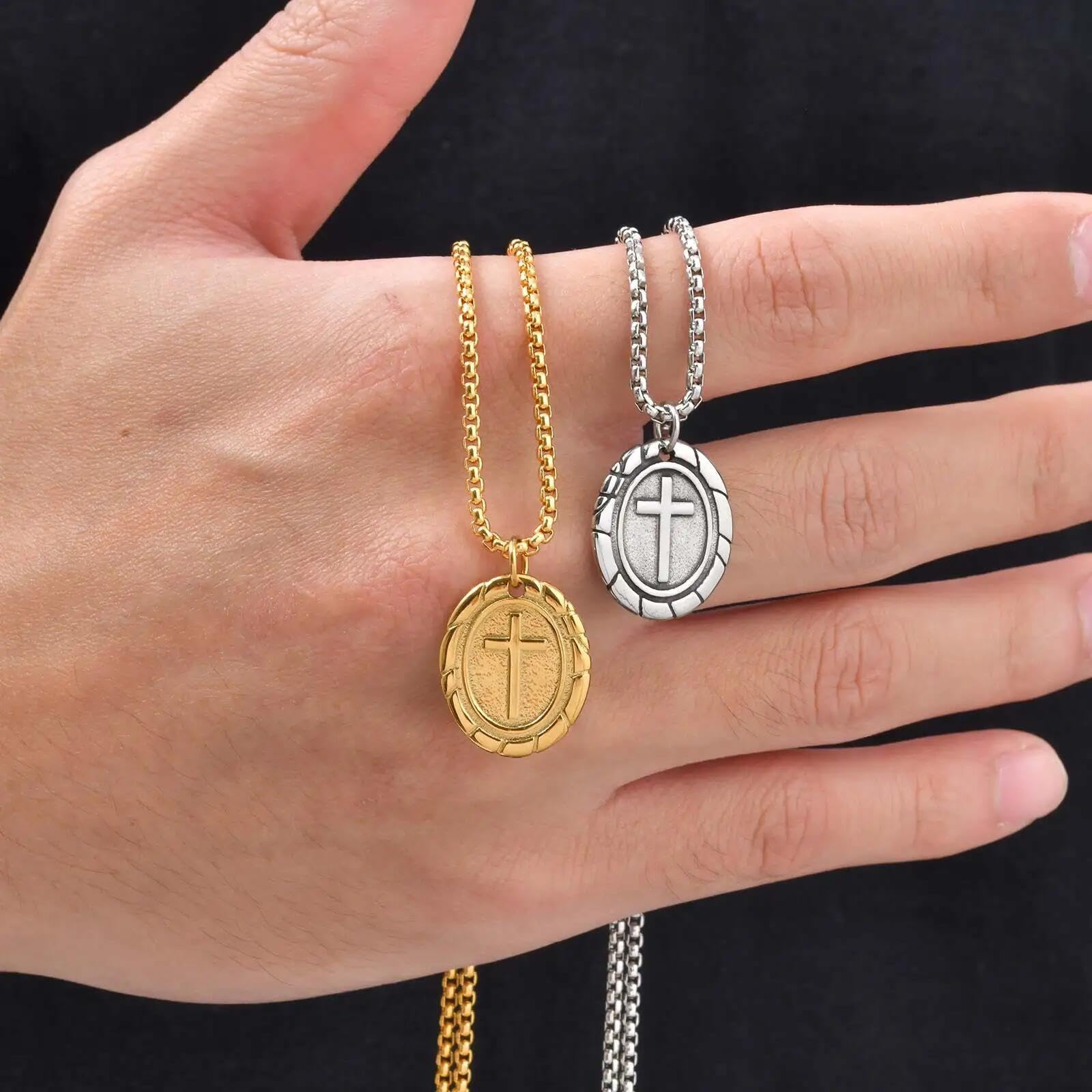 Collana in lega con perline croce doppia faccia gioielli ovali in acciaio inossidabile pendente per coppie catena abbinata per uomini e donne regolabile per donne ragazze e ragazzi