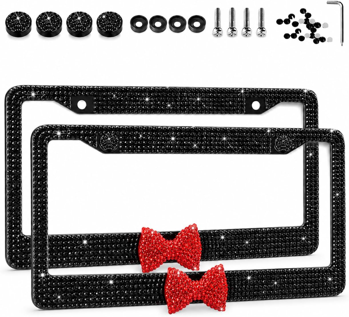 2 Pack License Plate Frames for Women, Rhinestone License Plate Frame with Red Bow, Black Bling License Plate Frame, Sparkly License Plate Frame for Girls, Cute Car Plate Frame with Screw Caps
