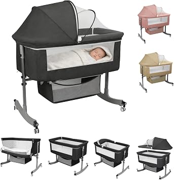 Baby Bassinet Bedside Sleeper, 3-in-1 Rocking Bassinet with Wheels & 6 Levels Adjustable Height Portable Newborn Crib with Storage Basket, Mattress, Canopy, Black