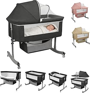 Baby Bassinet Bedside Sleeper, 3-in-1 Rocking Bassinet with Wheels & 6 Levels Adjustable Height – Portable Newborn Crib with Storage Basket, Mattress, Canopy, Black