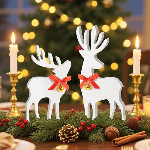 Miniatura 7 de Decoración navideña de reno de madera – 2 piezas de decoración navideña de ciervo de madera con lazos y campanas, decoraciones navideñas de granja