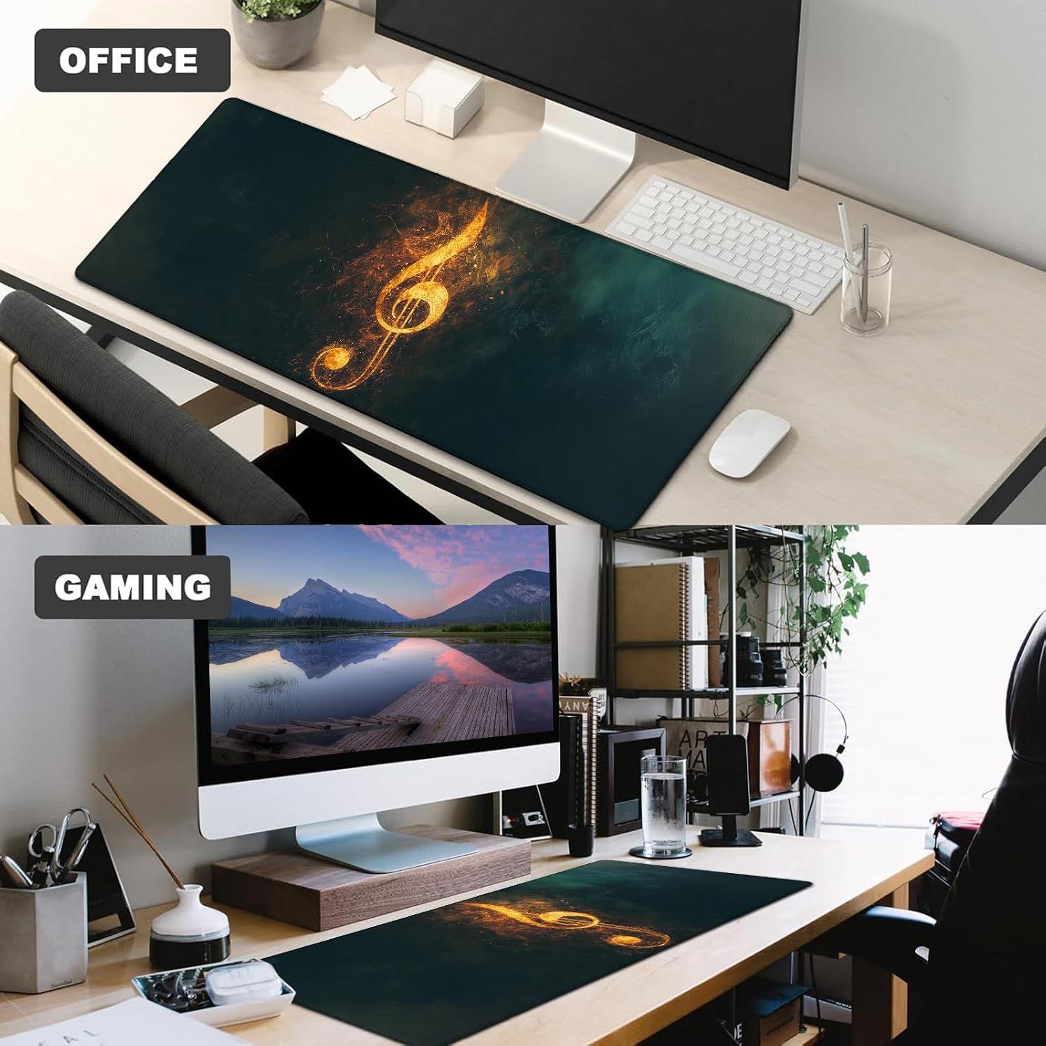 Fiery Musical Note Gaming Mouse Pad,12x31.5in Non-Slip Rubber Golden Treble Clef Desk Mat,Large Extended Artistic Mousepad for Office Home Laptop,Mice Pads Gifts,Game Lover Deskmat Decor
