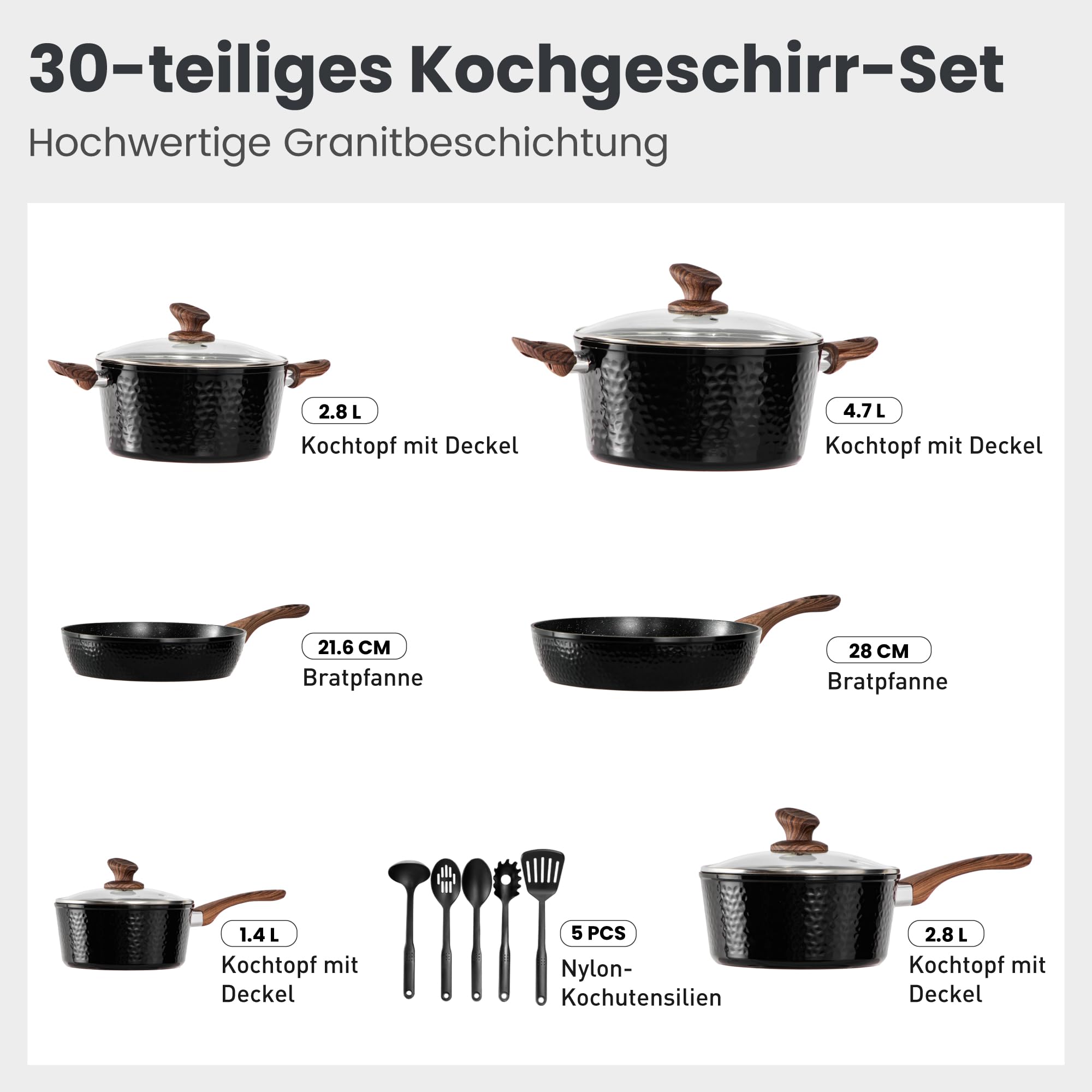 DishDelight Topf und Pfannenset 15-teilige Antihaftbeschichtung Töpfe und Pfannen für Induktion alle Herdarten Geeignet Bratpfanne mit Deckel
