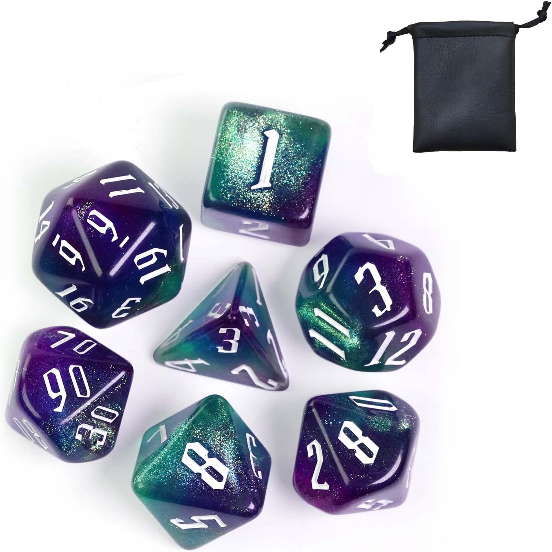 Polyhedral DND Dice Set, 7-Die Nebula D&D Dice Sets for RPG Dungeon and Dragons Role Playing Games,d and d, Purple Mix Blue Green