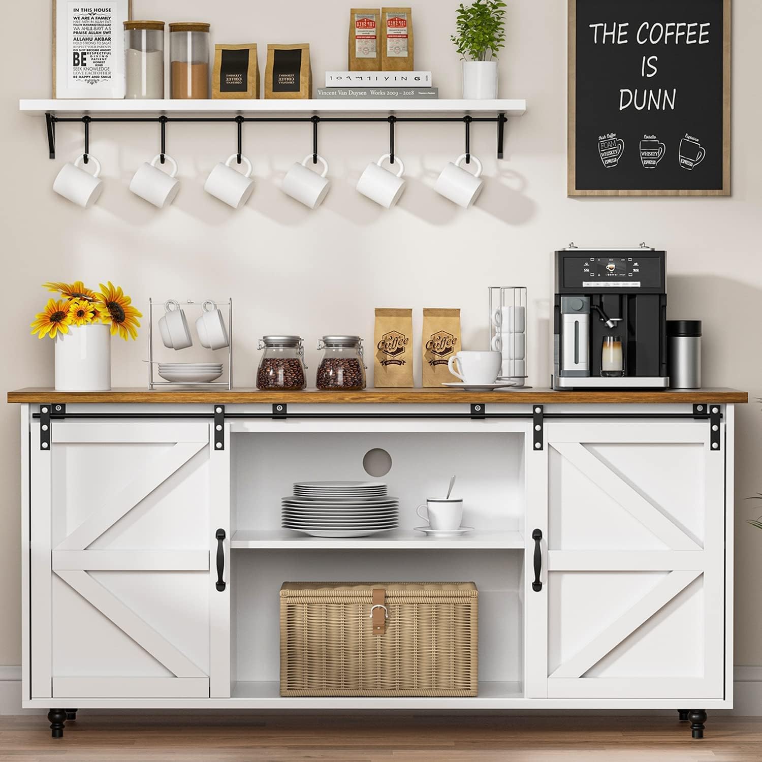 Farmhouse Coffee Bar 58 Inch White Kitchen Buffet