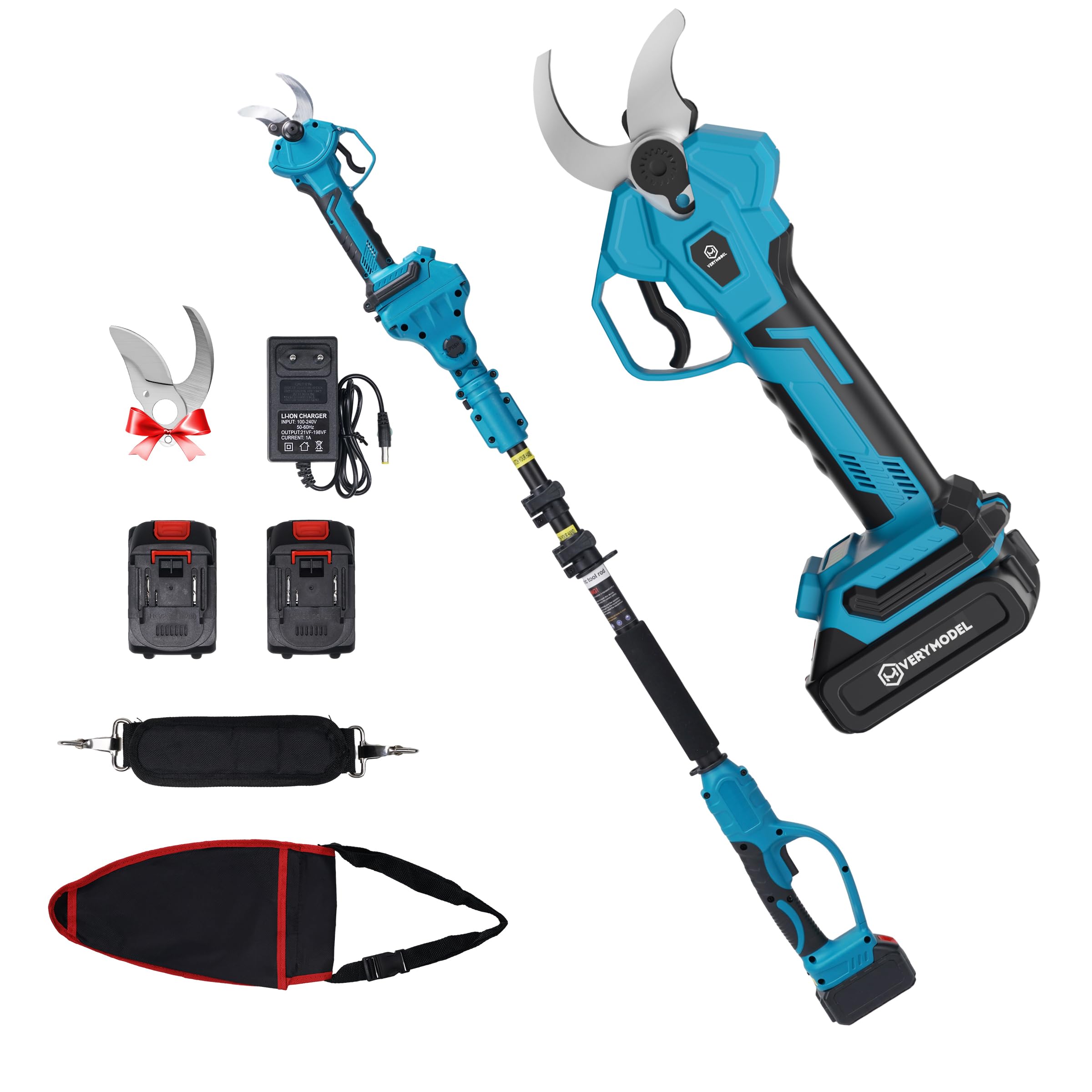 Tijeras de Podar Eléctricas con Pértiga 40mm, 2x4000mAh Tijeras de Podar Telescópico con Baterías y Motor sin Escobillas, Podadora Eléctrica con 2 Hojas para Jardinería, Árboles y Viñedos