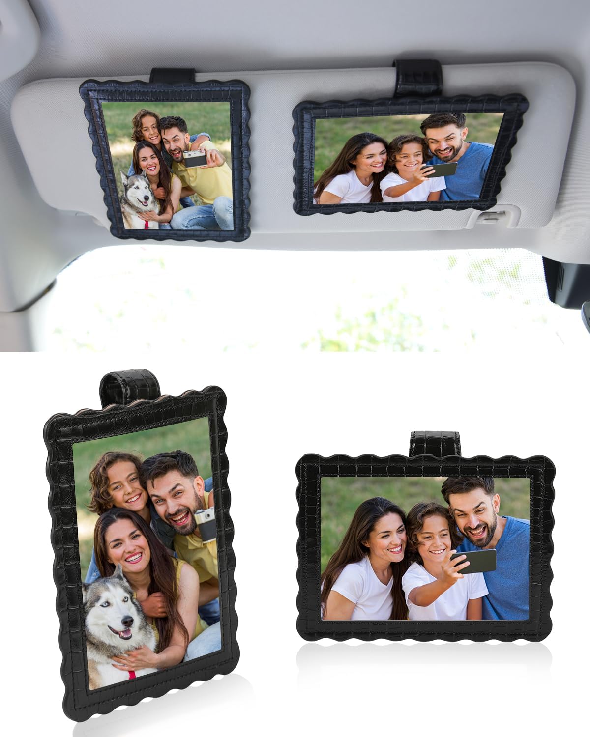 COOLYOUTH 2Pcs Car Picture Frame Car Visor Clip Picture Holders Leather Magnetic Photo Frames with Clip (2, Leather-Black)