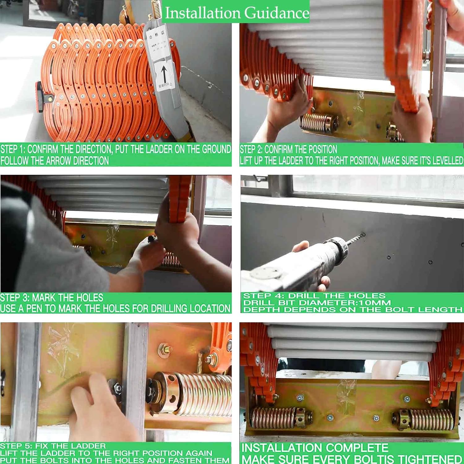 Narrow Wall Mounted Loft Wall Ladder, 10+2 Stairs, Al-mg Alloy, 8.2~9.8FT Outdoor Indoor Folding Ladder, 660 LB Bearing Capacity, 15.75×5.5in Stairs Size, Orange