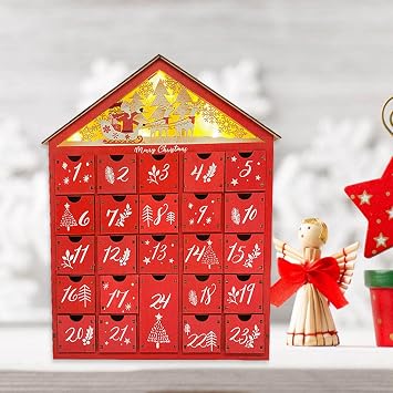 GUOOL Wooden House Shaped Christmas Advent Calendar for Kids LED Luminous Small Gift Candy Drawers 24 Storage Boxes Christmas Wooden Advent Calendar Bow Shape 24 Drawers Christmas Decoration Stuffer
