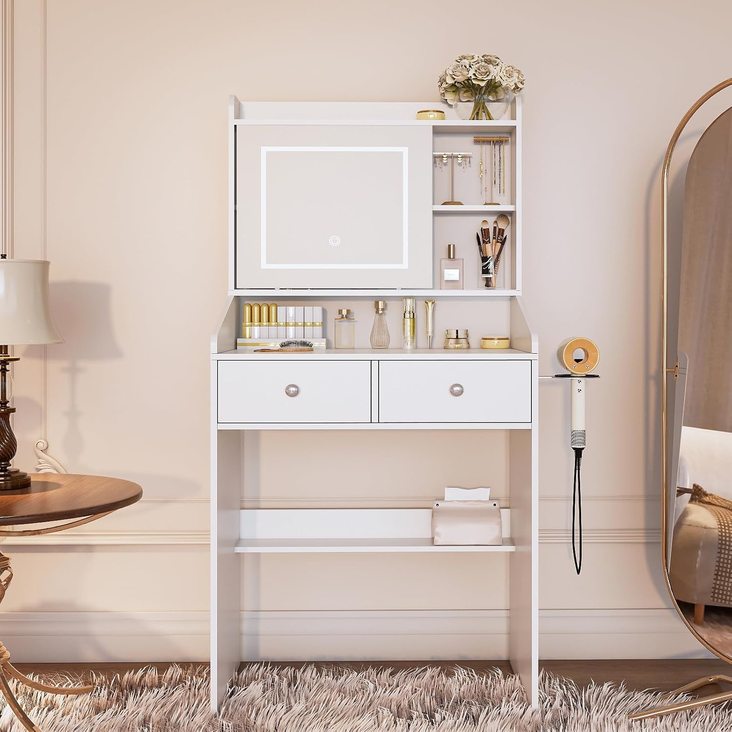 Vanity, Small Vanity Desk with Sliding Mirror, Dimmable LED Lights, 2 Drawers,Vanity Table Ideal for Bedroom (White)