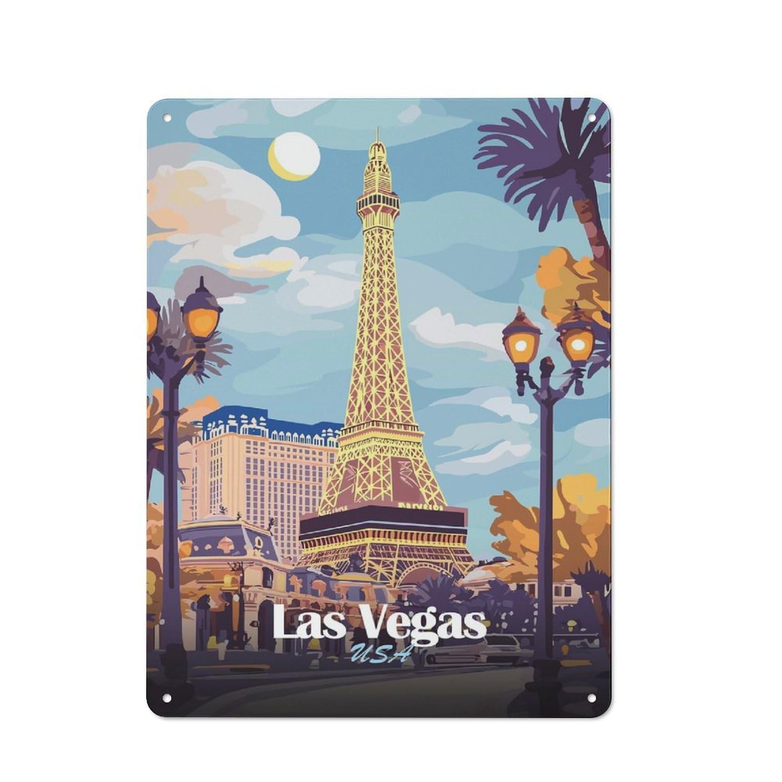 Junmoney Style-17 Tin Wall Plaque 40X30cm With Las Vegas Eiffel Tower Illustration For Hallway Wall, A Decorative Metal Sign For Hallways And Entrance Areas