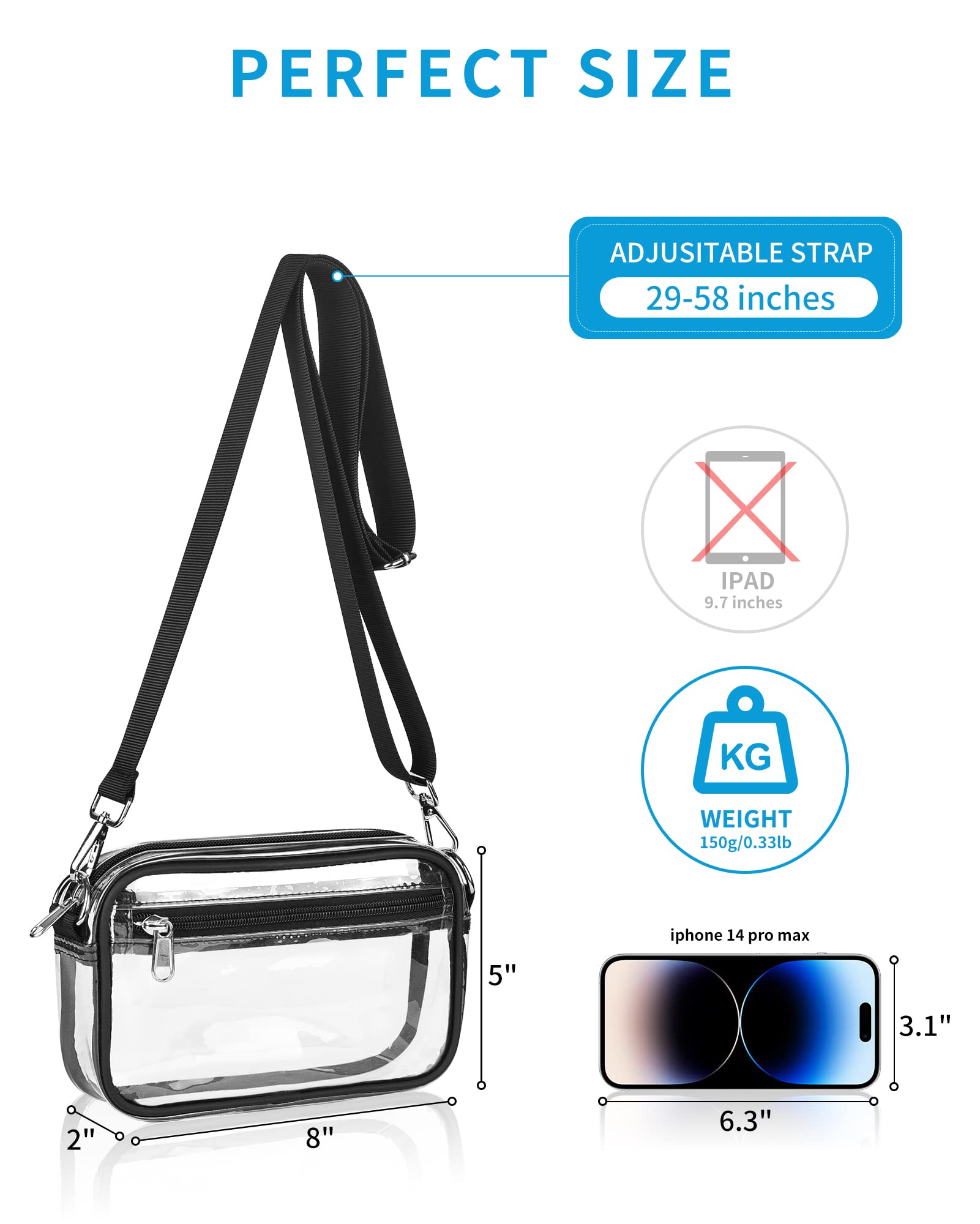 Clear Crossbody Messenger Shoulder Bag Clear Purse Stadium Approved Suitable for Work, Travel, Workout, Concerts or Sports