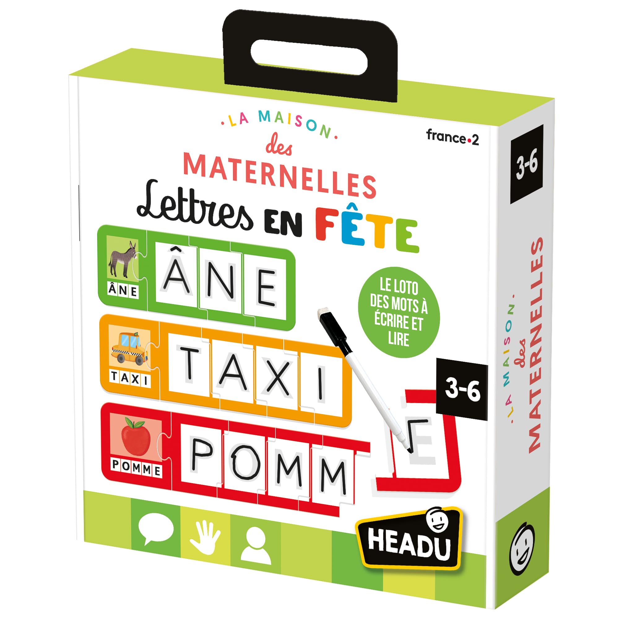 HEADU - Lettres En Fête - Le Loto Des Mots À Écrire Et Lire | Jeu Educatif 3 4 5 6 Ans, En Collaboration Avec Les Maternelles, Cadeau Enfants, Cadeau Fille, Cadeau