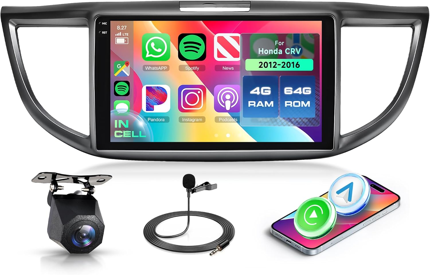 4+64G Android 15 Car Radio Stereo for Honda CRV 2012-2016 with Wireless Carplay Android Auto, 9'' in-Cell Screen Head Unit with GPS/Bluetooth 5.0/FM RDS/EQ/Wi-Fi Mirror Link Backup Camera SWC