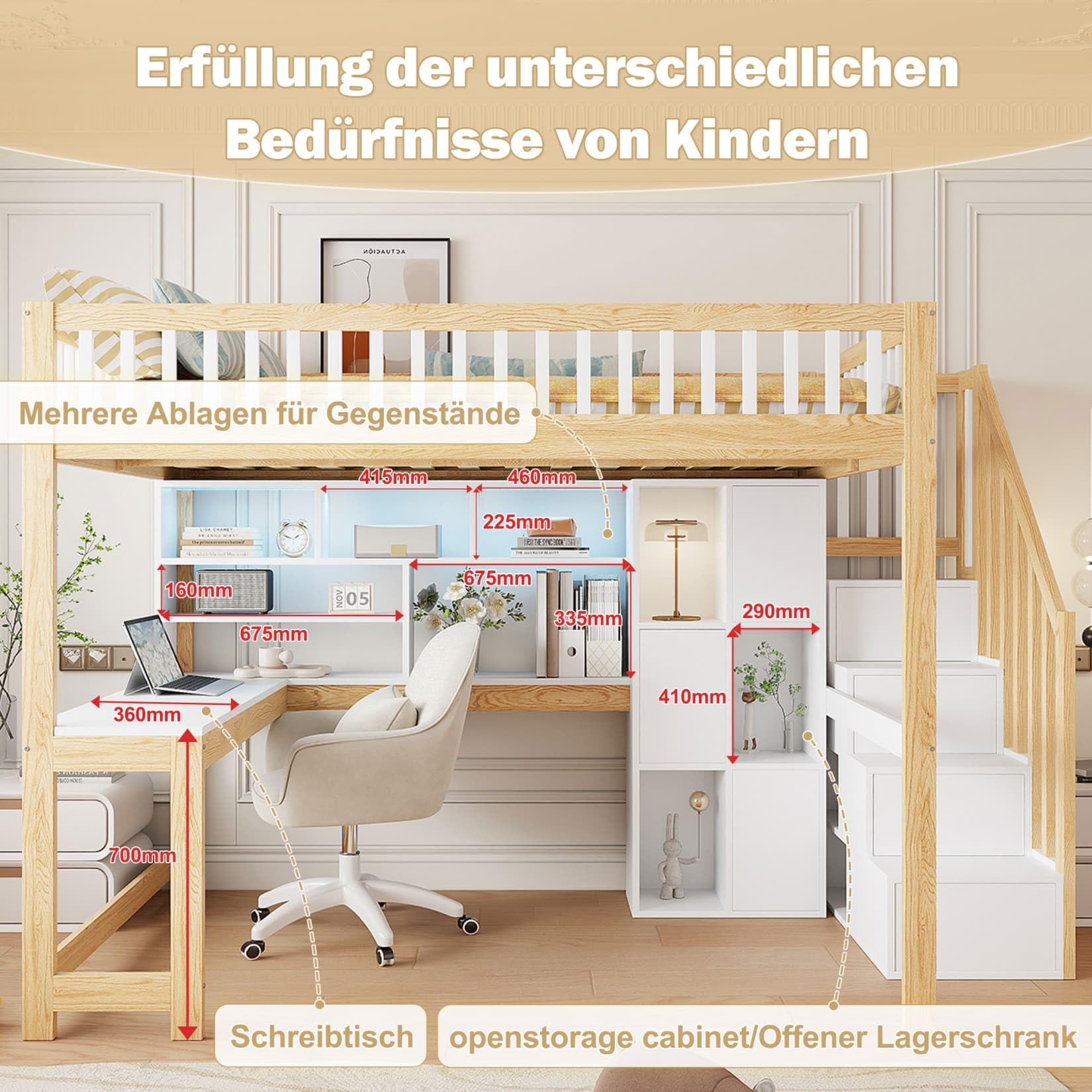 Lit Mezzanine 2 Places 140x200cm,Cadre de Lit 2 Personnes avec Éclairage LED Réglable,Bureau,Étagères,Échelle de Rangement,pour Garçons Filles(Naturel, 140x200)
