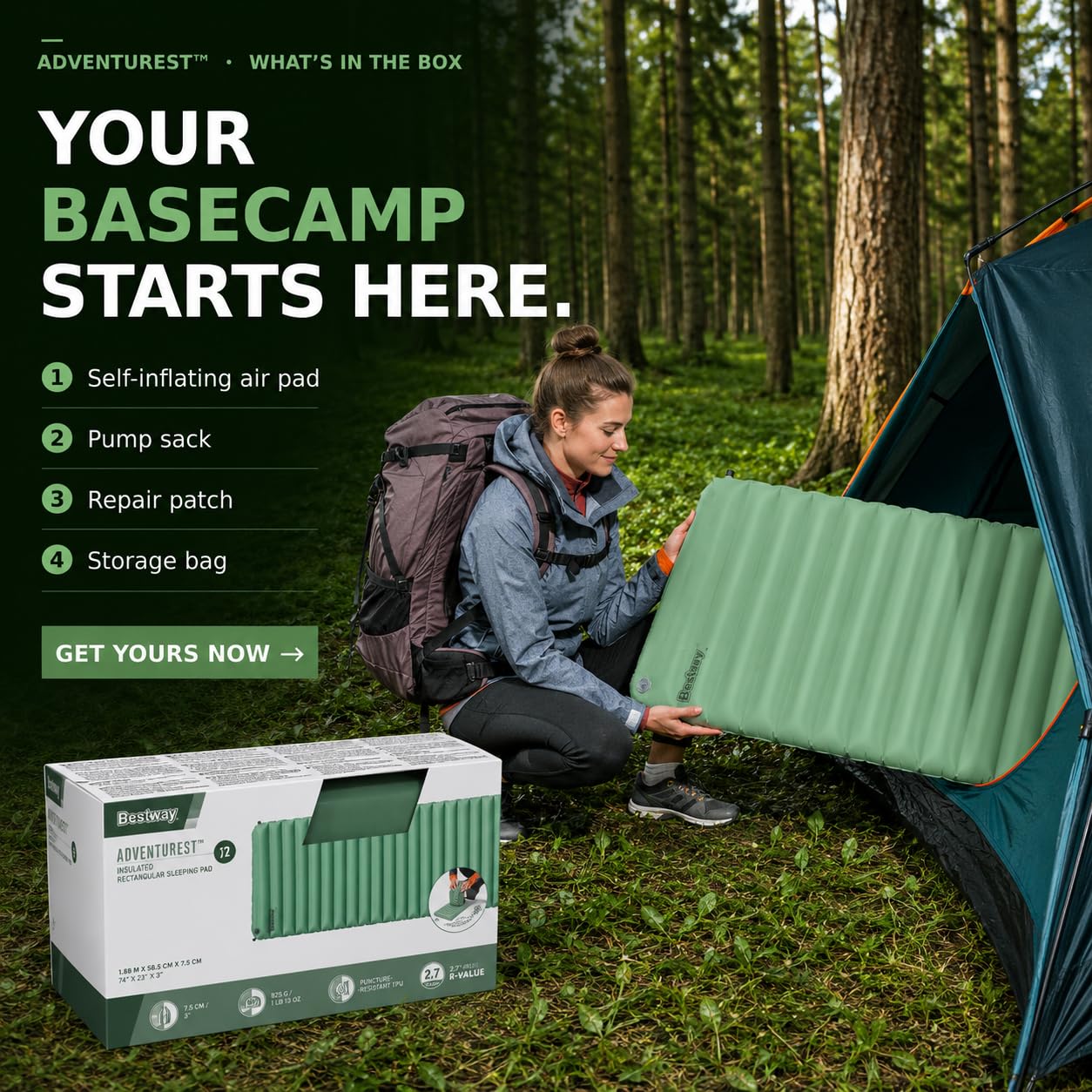 Bestway Matelas Gonflable isolé rectangulaire Taille Regular AdventuRest - 188 cm x 58,5 cm x 7,5 cm - Vert