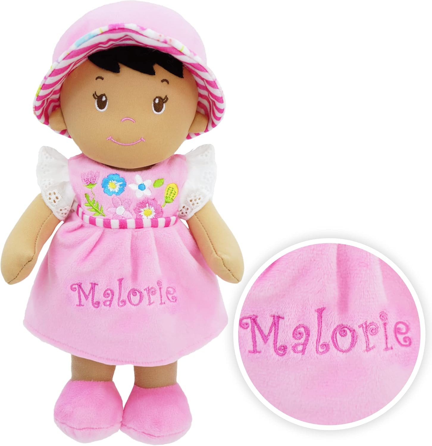 June Garden Personalized Soft Dolly Malorie - Stuffed Soft Baby Doll for Birth and Up with Custom Name - Pink Dress
