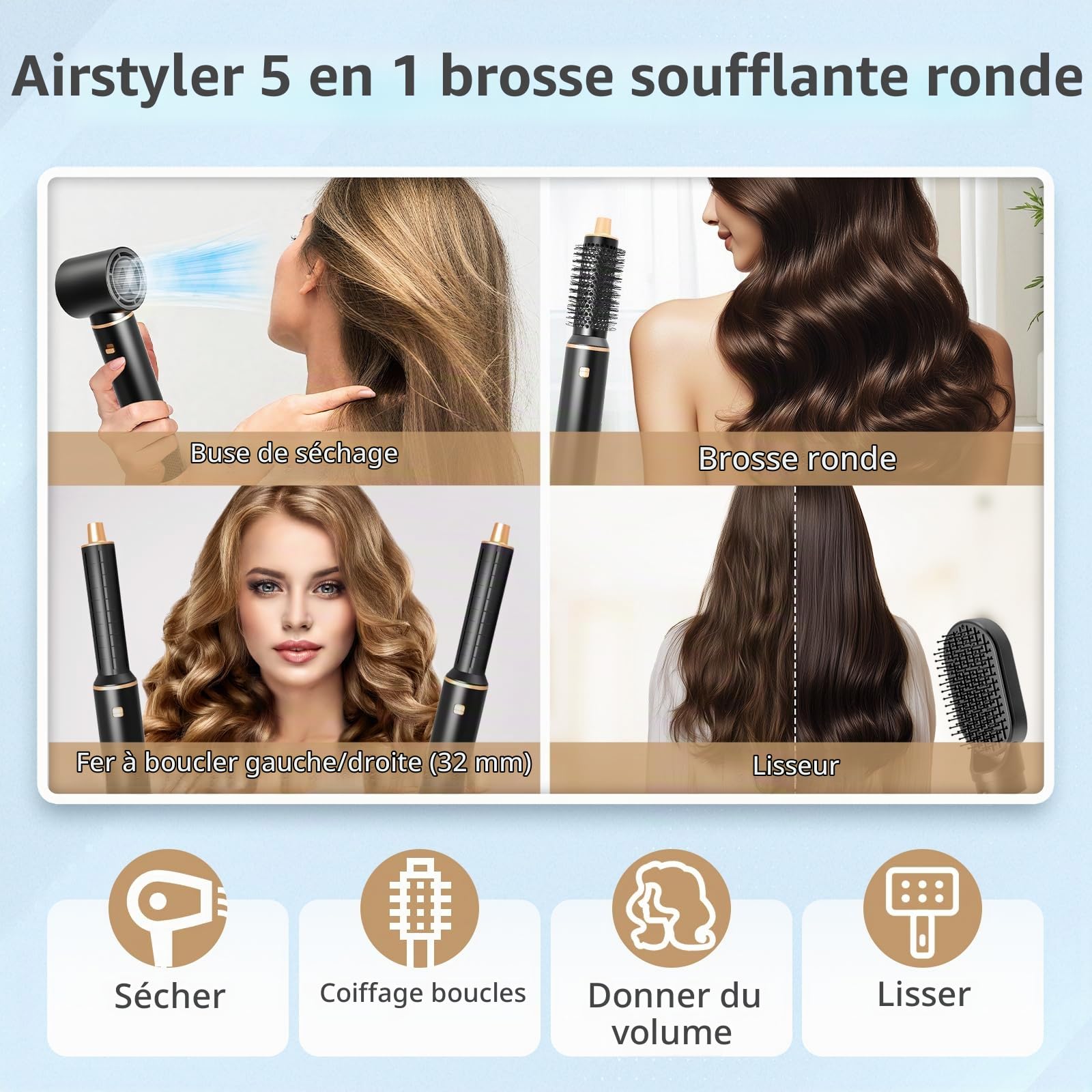 Airbrush 5 en 1, Air Styler 5 en 1, Hairstyler avec Seche Cheveux, Brosse Soufflante, 32mm Fer a Boucler, Thermal Brush, Pas de Dommage Thermique, pour Cheveux Secs, Lissés, Bouclés