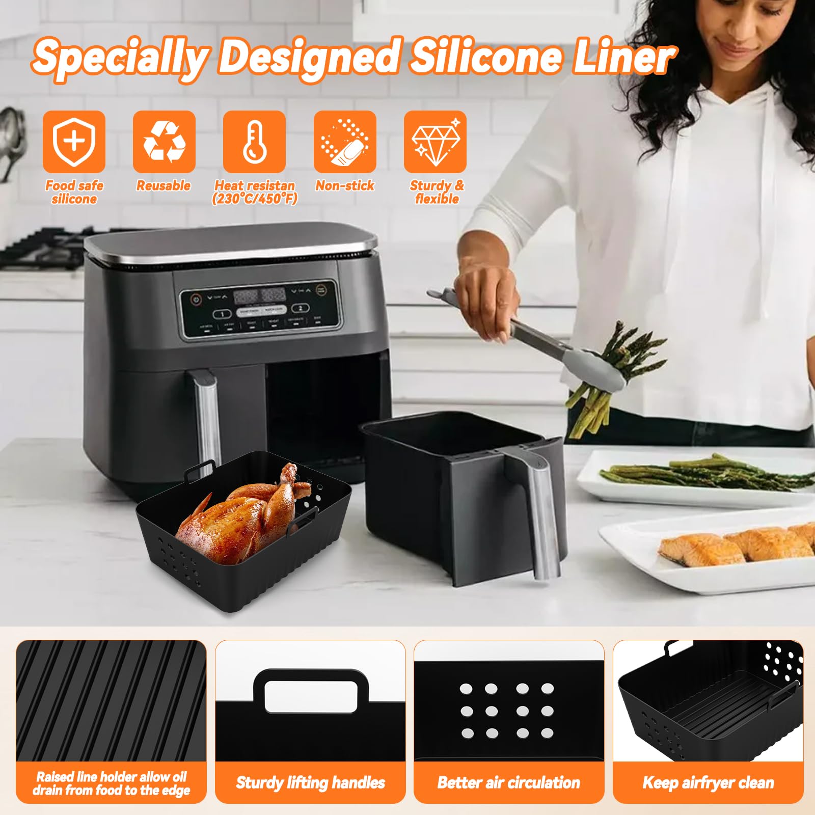Lot De 2 Moules En Silicone + 2 Protections Anti-Éclaboussures Pour Friteuse à Air - Compatible Ninja AF400/AF451, Tower T17088/T17100, Cookwise - Alimentaire, Sans BPA, Résistant à 240°C