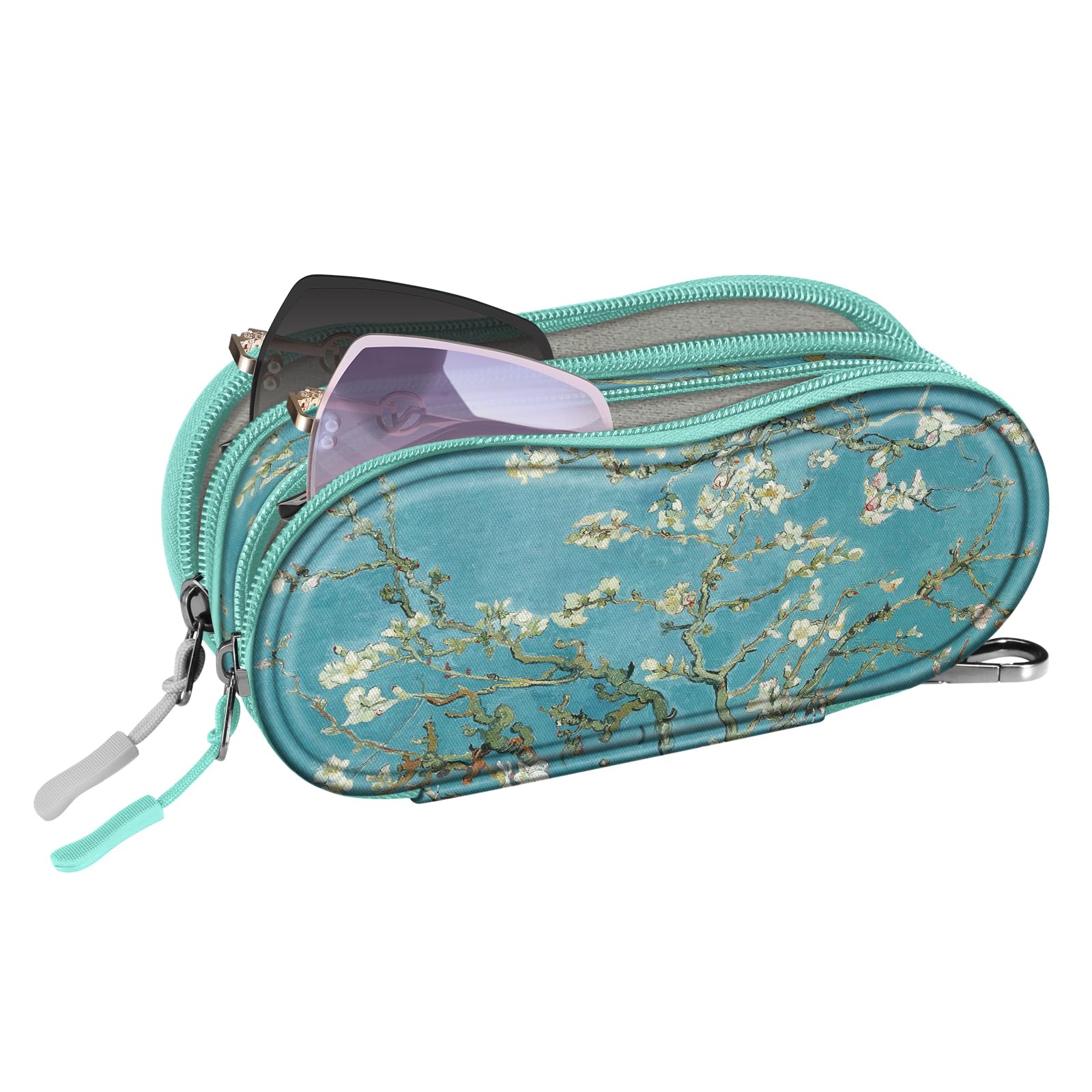 FINTIE Double Glasses Case for Men Women, Soft Portable Sunglasses Pouch with Clip, Dual Zipper Compartments, Blossom