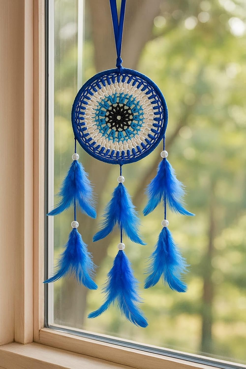 ThincAmaxe Handmade Evil Eye 4 Inch Dream Catcher Wall Hanging with Blue Feathers – Macrame Crochet Mandala Design for Home, Bedroom, Car, Office Décor – Protection & Positive Energy Gift
