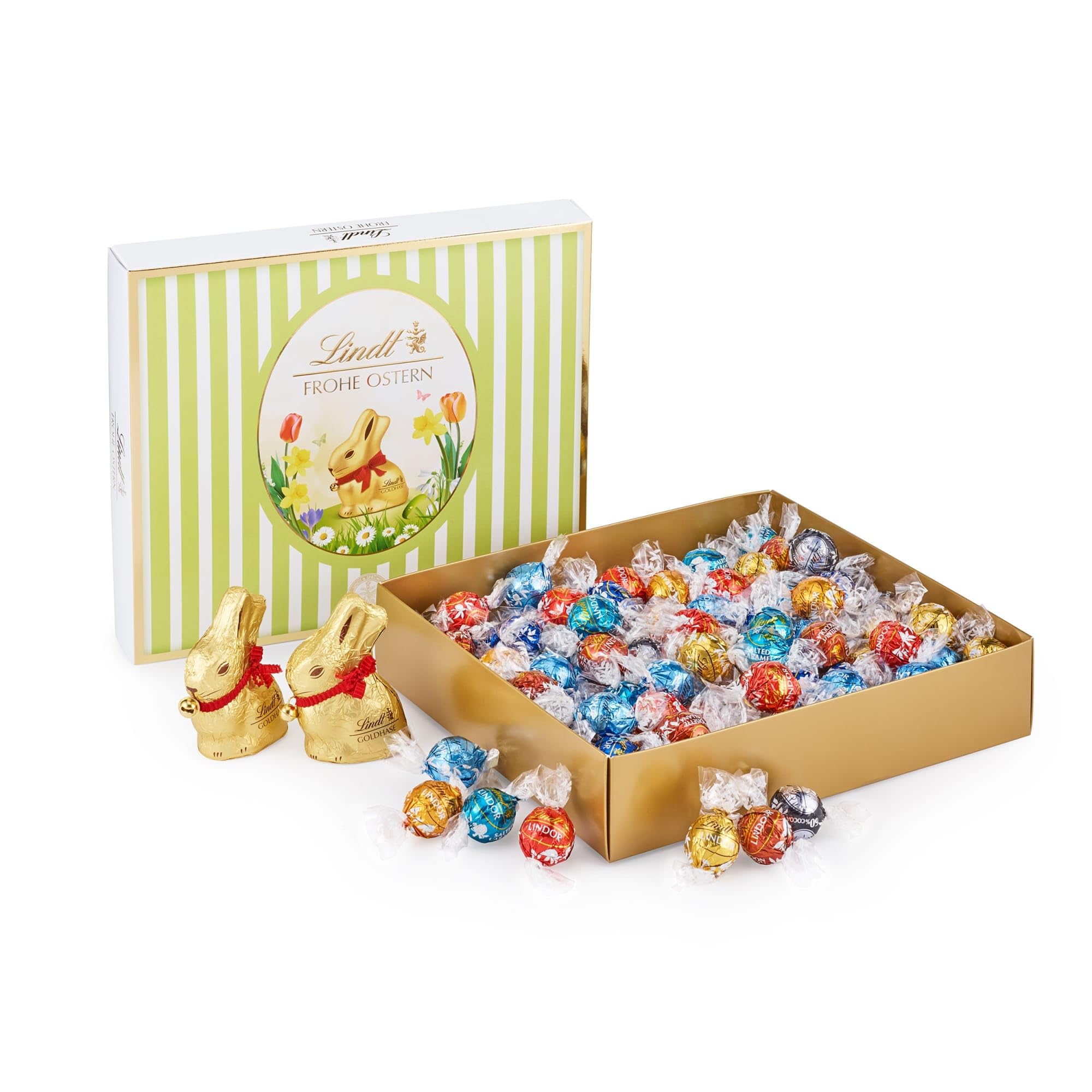 Lindt Schokolade LINDOR Oster Mischpaket |1,2 kg| 2 GOLDHASEN Vollmilch und 8 LINDOR Sorten:Milch, Noisette, Feinherb, Weiß, Dark 60%, Caramel, Salted Caramel, Stracciatella|Osterschokolade|Osterhase