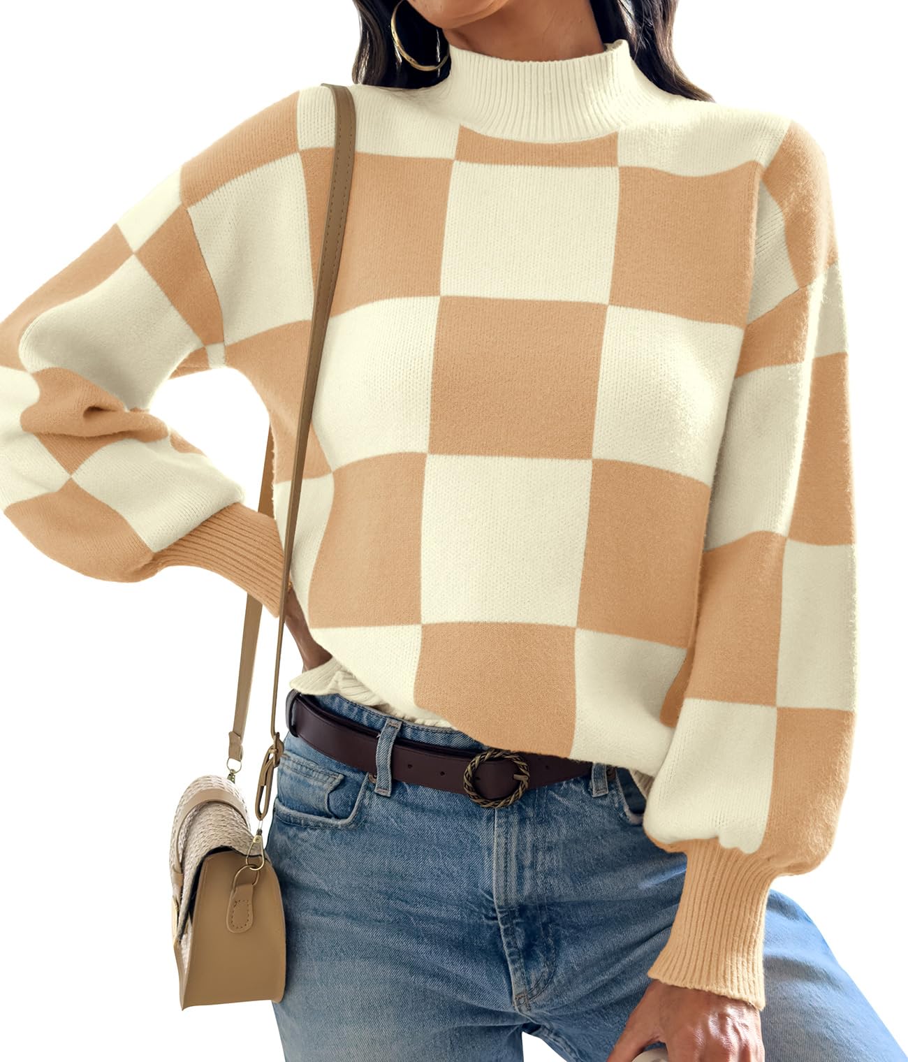ATHMILE Womens Fashion Turtleneck Sweater Long Sleeve Plaid Ribbed Knit Loose Pullover Tops Trendy Office Outfits