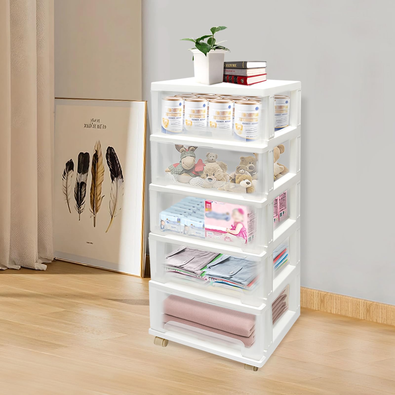 Cassettiera in plastica a 5 ripiani, con 4 ruote, organizer per cassetti, per ufficio, scuola, cancelleria, carta A4, libri di testo, gioielli, cosmetici, bianco, 40 x 33 x 98 cm