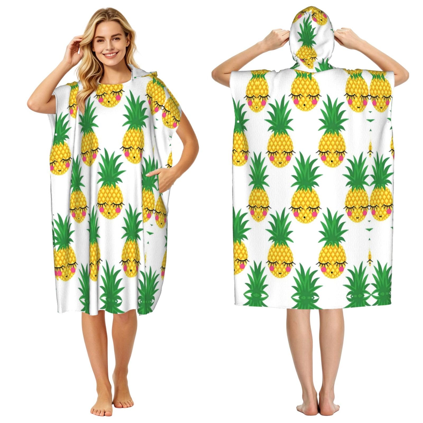 EZDLOWVBA Pineapple Print Hooded Poncho Microfiber Beach Towel,Adult Women & Men Changing Robe,Lightweight Summer Surf Swim Bath Poncho Towel