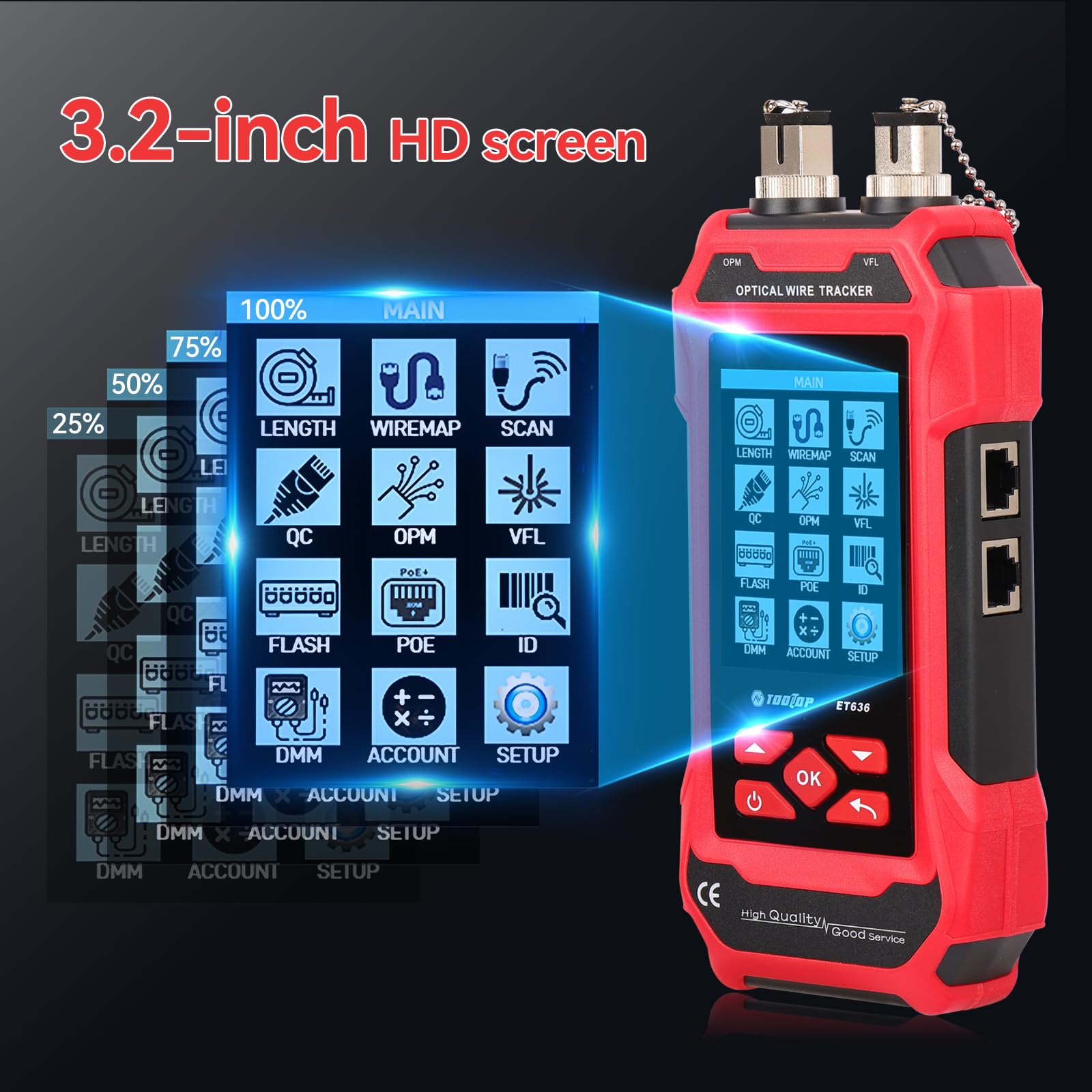 Tester per cavi di rete RJ45/RJ11/BNC – Misurazione lunghezza, rilevamento guasti, PING, PoE, tracciamento tono, display LCD multifunzione