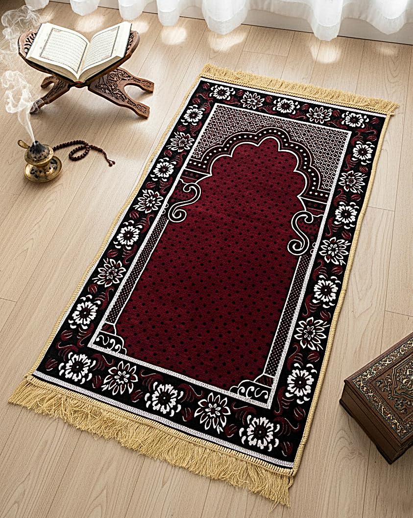 Premium Velvet Janamaz - Ultra Soft 4 x 2 feet Large Prayer Mat for Namaz with Anti-Slip Backing | Luxury Islamic Gift Sajadah Rug (RED)