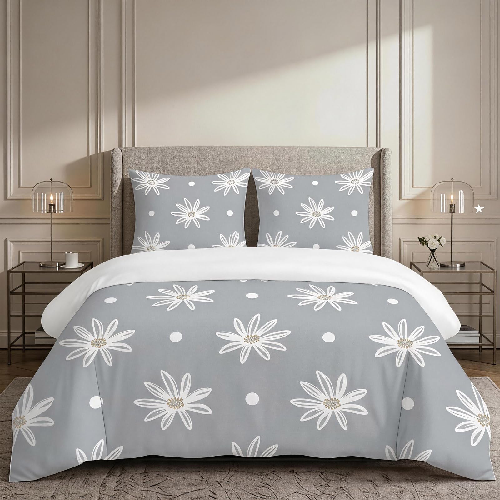Housse de Couette 220x240 Grise et Blanche Linge de Lit 3 Pièces Motif Fleurs Imprimé 3D